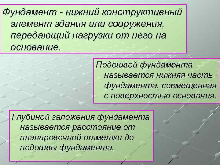 Фундамент - нижний конструктивный элемент здания или сооружения, передающий нагрузки от него на основание.