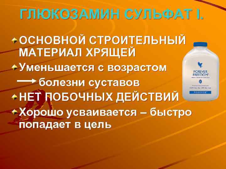 ГЛЮКОЗАМИН СУЛЬФАТ I. ОСНОВНОЙ СТРОИТЕЛЬНЫЙ МАТЕРИАЛ ХРЯЩЕЙ Уменьшается с возрастом болезни суставов НЕТ ПОБОЧНЫХ