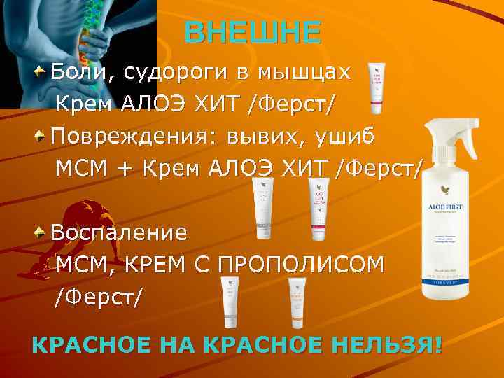 ВНЕШНЕ Боли, судороги в мышцах Крем АЛОЭ ХИТ /Ферст/ Повреждения: вывих, ушиб MСM +