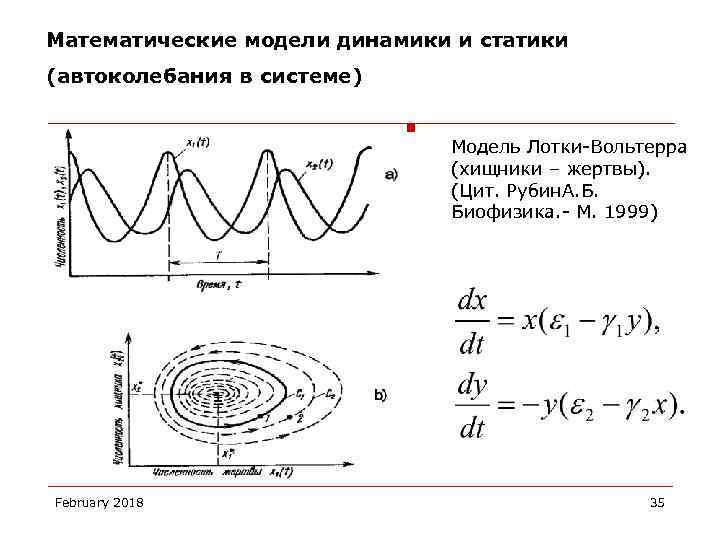 Математические модели динамики и статики (автоколебания в системе) Модель Лотки-Вольтерра (хищники – жертвы). (Цит.