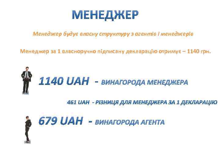 Менеджер будує власну структуру з агентів і менеджерів Менеджер за 1 власноручно підписану декларацію
