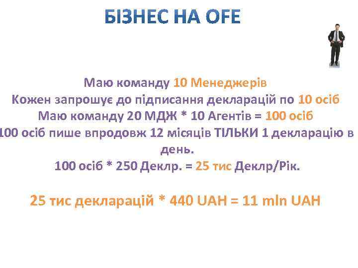 Маю команду 10 Менеджерів Kожен запрошує до підписання декларацій по 10 осіб Маю команду