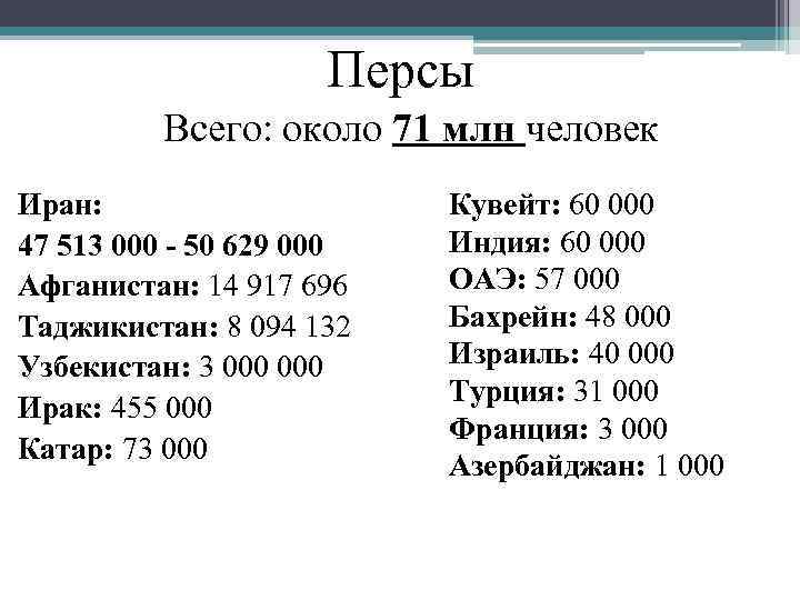 Персы Всего: около 71 млн человек Иран: 47 513 000 - 50 629 000