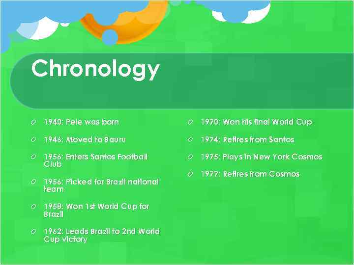 Chronology 1940: Pele was born 1970: Won his final World Cup 1946: Moved to