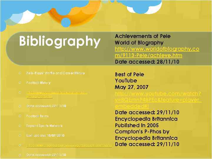 Bibliography Pele-Player Profile and Career History Football History http: //www. football-history. net/who-iswho/p/pele. htm Date