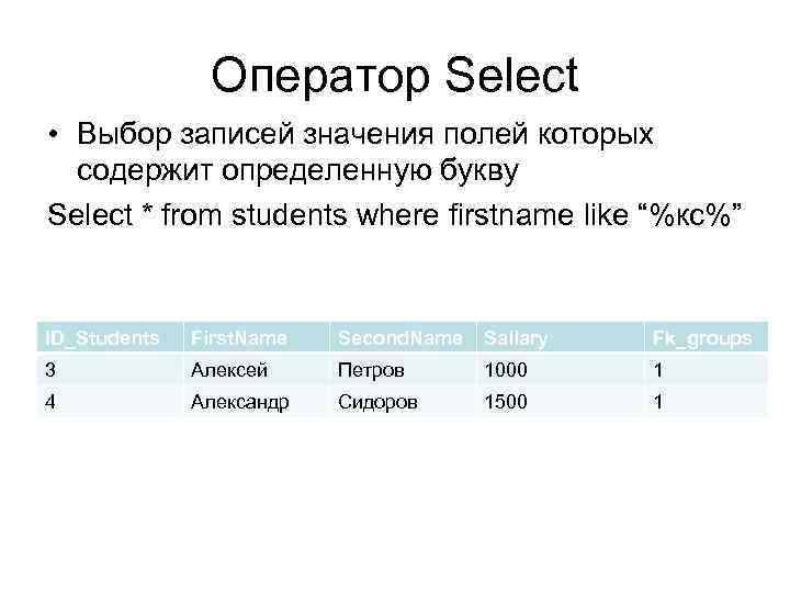 Оператор Select • Выбор записей значения полей которых содержит определенную букву Select * from