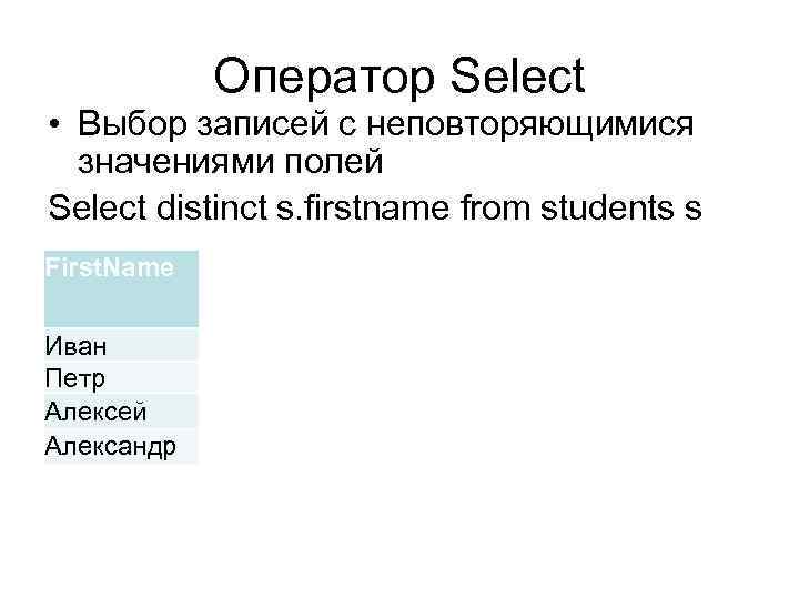 Оператор Select • Выбор записей с неповторяющимися значениями полей Select distinct s. firstname from