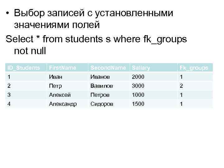  • Выбор записей с установленными значениями полей Select * from students s where