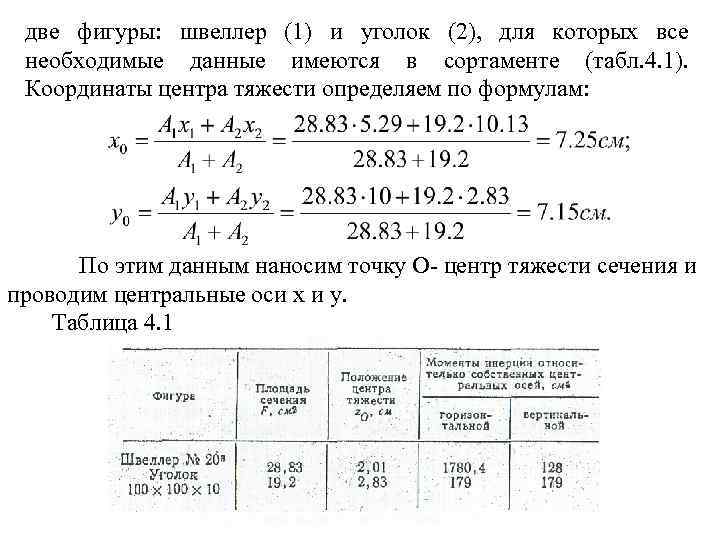 две фигуры: швеллер (1) и уголок (2), для которых все необходимые данные имеются в