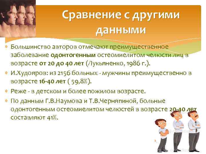 Сравнение с другими данными Большинство авторов отмечают преимущественное заболевание одонтогенным остеомиелитом челюсти лиц в