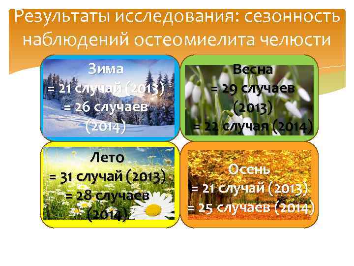 Результаты исследования: сезонность наблюдений остеомиелита челюсти Зима = 21 случай (2013) = 26 случаев