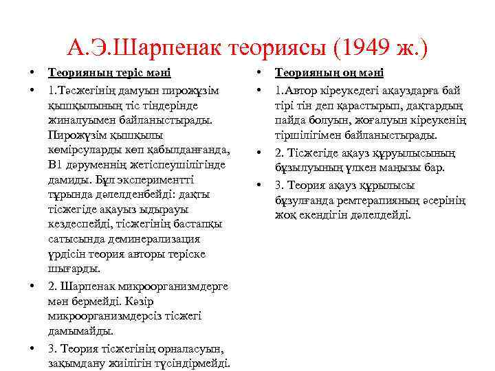 А. Э. Шарпенак теориясы (1949 ж. ) • • Теорияның теріс мәні 1. Тәсжегінің