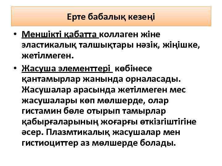 Ерте бабалық кезеңі • Меншікті қабатта коллаген жіне эластикалық талшықтары нәзік, жіңішке, жетілмеген. •