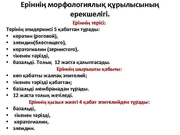 Еріннің морфологиялық құрылысының ерекшелігі. Еріннің терісі: Терінің эпидермисі 5 қабаттан тұрады: • кератин (роговой),