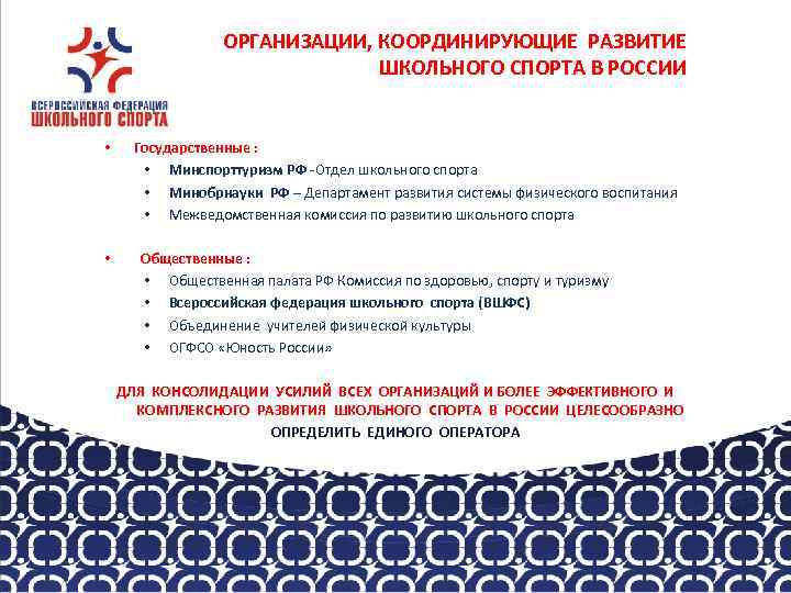 ОРГАНИЗАЦИИ, КООРДИНИРУЮЩИЕ РАЗВИТИЕ ШКОЛЬНОГО СПОРТА В РОССИИ • • Государственные : • Минспорттуризм РФ