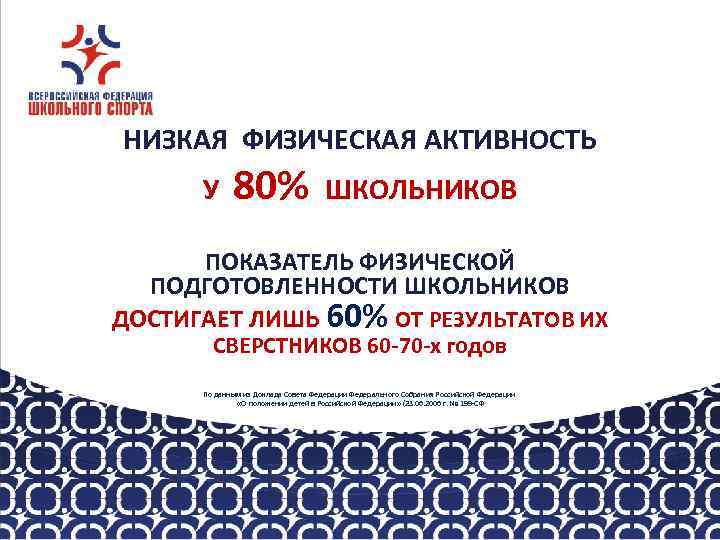 НИЗКАЯ ФИЗИЧЕСКАЯ АКТИВНОСТЬ У 80% ШКОЛЬНИКОВ ПОКАЗАТЕЛЬ ФИЗИЧЕСКОЙ ПОДГОТОВЛЕННОСТИ ШКОЛЬНИКОВ ДОСТИГАЕТ ЛИШЬ 60% ОТ