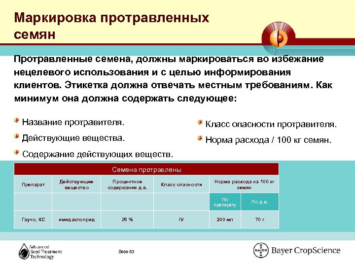 Маркировка протравленных семян Протравленные семена, должны маркироваться во избежание нецелевого использования и с целью