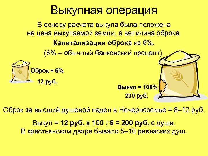Выкупная операция В основу расчета выкупа была положена не цена выкупаемой земли, а величина