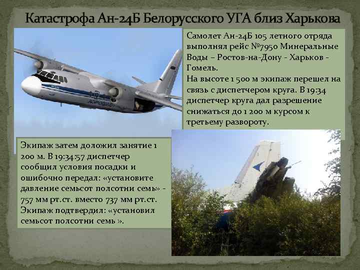 Катастрофа Ан-24 Б Белорусского УГА близ Харькова Самолет Ан-24 Б 105 летного отряда выполнял