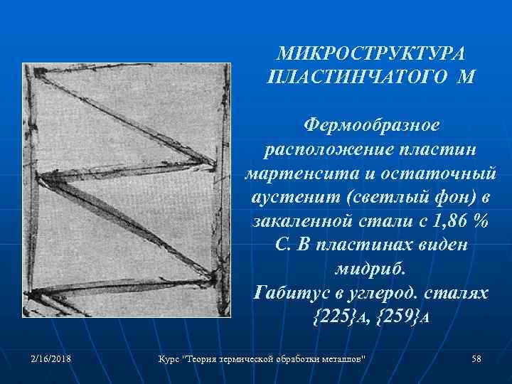 МИКРОСТРУКТУРА ПЛАСТИНЧАТОГО М Фермообразное расположение пластин мартенсита и остаточный аустенит (светлый фон) в закаленной