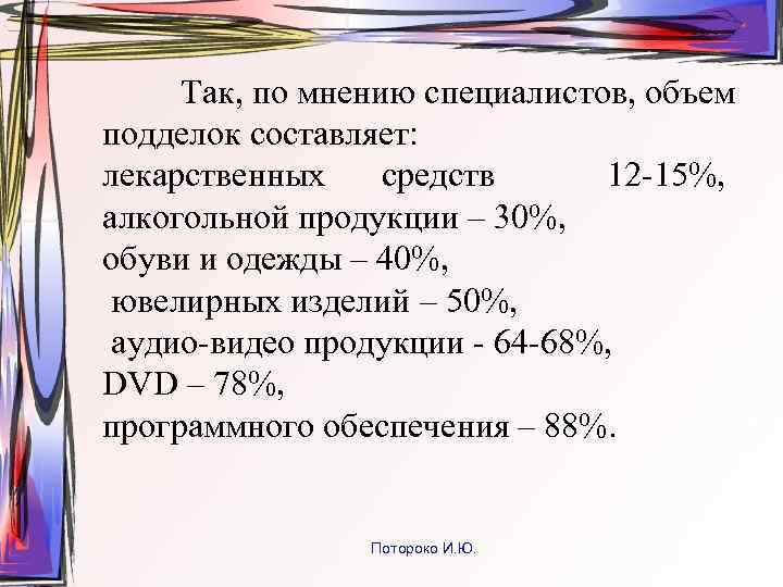 Так, по мнению специалистов, объем подделок составляет: лекарственных средств 12 -15%, алкогольной продукции –