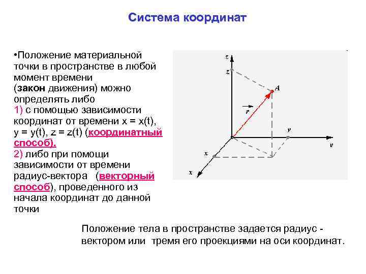 Система координат • Положение материальной точки в пространстве в любой момент времени (закон движения)