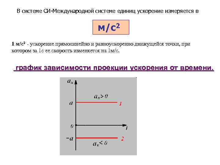 В системе СИ-Международной системе единиц ускорение измеряется в м/с2 1 м/с2 - ускорение прямолинейно