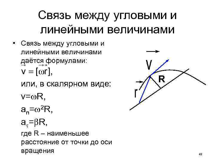 Связь между угловыми и линейными величинами • Связь между угловыми и линейными величинами даётся