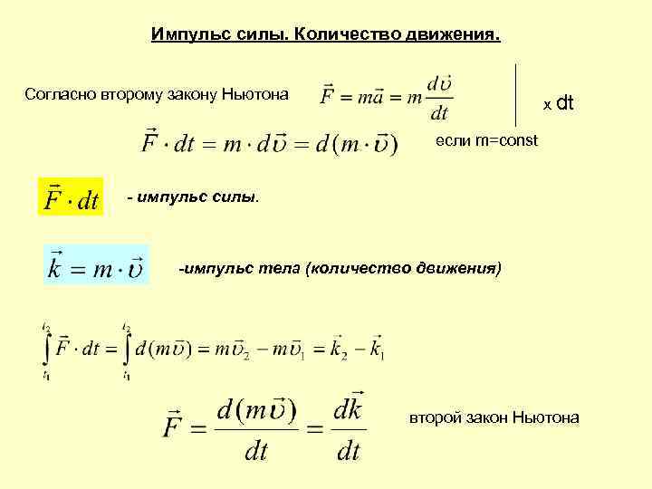 Импульс силы. Количество движения. Согласно второму закону Ньютона х dt если m=const - импульс