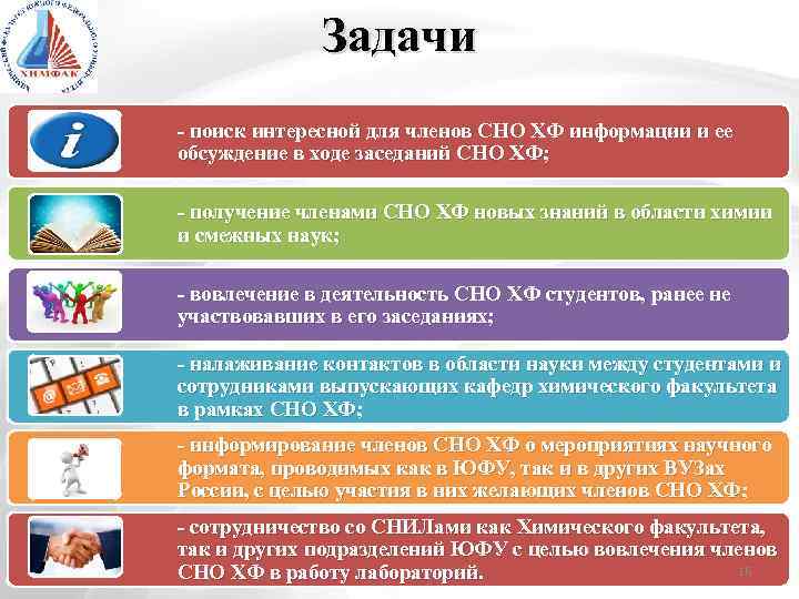 Задачи - поиск интересной для членов СНО ХФ информации и ее обсуждение в ходе