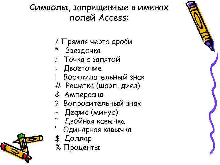 Символы, запрещенные в именах полей Access: / Прямая черта дроби * Звездочка ; Точка
