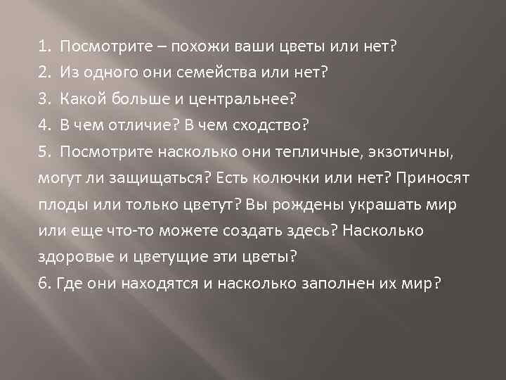 1. Посмотрите – похожи ваши цветы или нет? 2. Из одного они семейства или