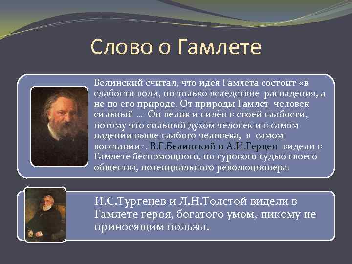 Слово о Гамлете Белинский считал, что идея Гамлета состоит «в слабости воли, но только