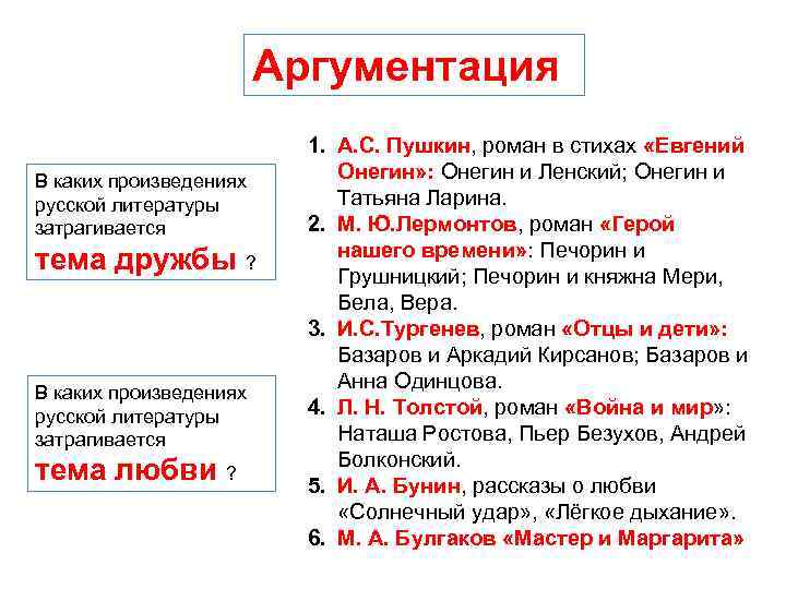 Аргументация В каких произведениях русской литературы затрагивается тема дружбы ? В каких произведениях русской