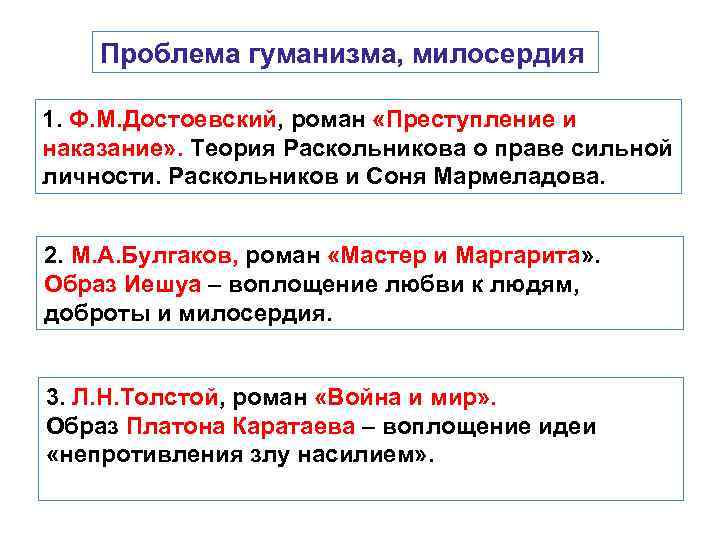 Проблема гуманизма, милосердия 1. Ф. М. Достоевский, роман «Преступление и наказание» . Теория Раскольникова