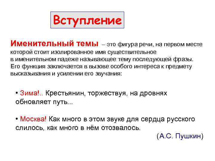 Вступление Именительный темы – это фигура речи, на первом месте которой стоит изолированное имя