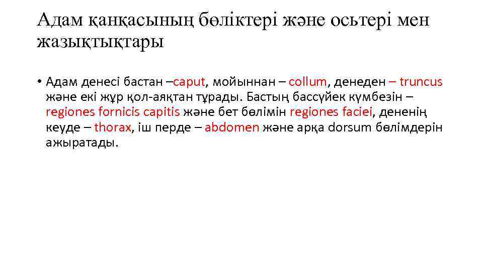 Адам қанқасының бөліктері және осьтері мен жазықтықтары • Адам денесі бастан –caput, мойыннан –