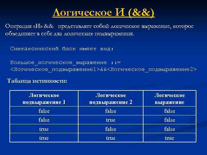 Логическое И (&&) Операция «И» && представляет собой логическое выражение, которое объединяет в себе