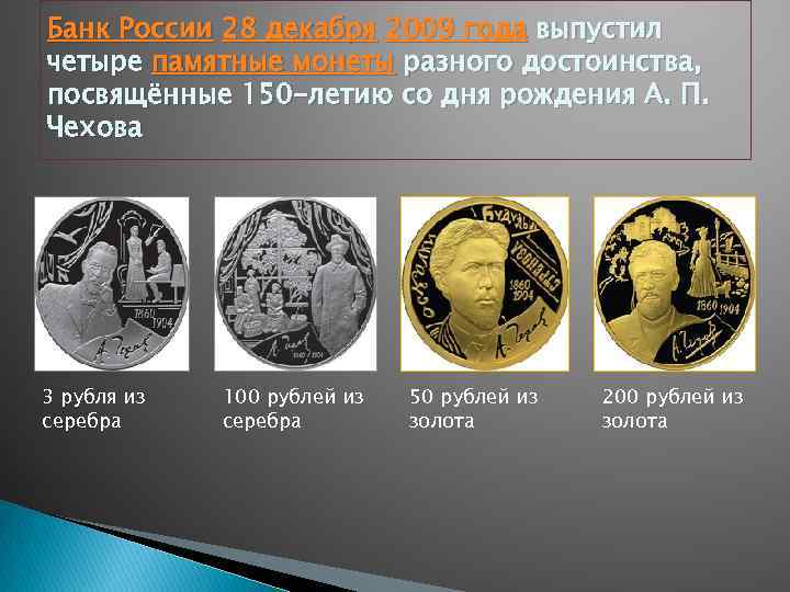 Банк России 28 декабря 2009 года выпустил четыре памятные монеты разного достоинства, посвящённые 150