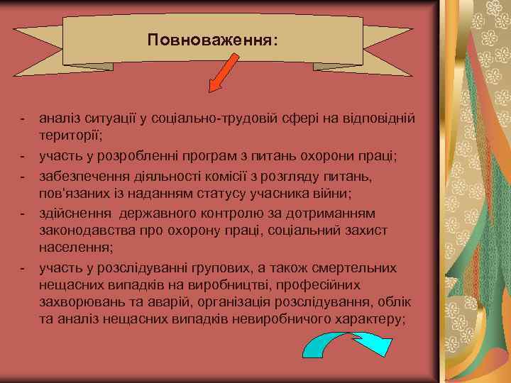 Повноваження: - аналіз ситуації у соціально-трудовій сфері на відповідній території; - участь у розробленні