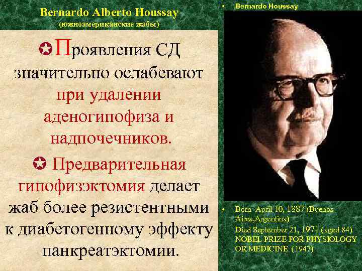 Bernardo Alberto Houssay • Bernardo Houssay (южноамериканские жабы) Проявления СД значительно ослабевают при удалении