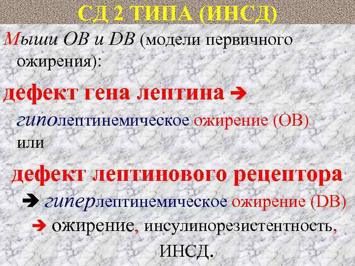 СД 2 ТИПА (ИНСД) Мыши ОВ и DB (модели первичного ожирения): дефект гена лептина
