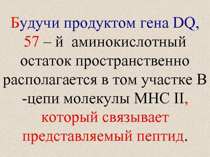Будучи продуктом гена DQ, 57 – й аминокислотный остаток пространственно располагается в том участке
