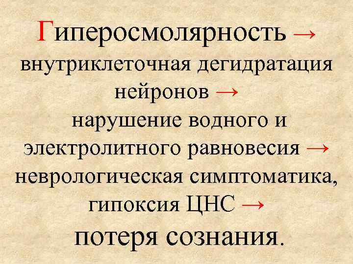 Гиперосмолярность → внутриклеточная дегидратация нейронов → нарушение водного и электролитного равновесия → неврологическая симптоматика,