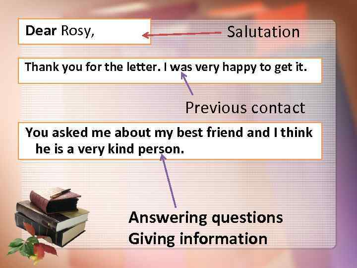  Dear Rosy, Salutation Thank you for the letter. I was very happy to