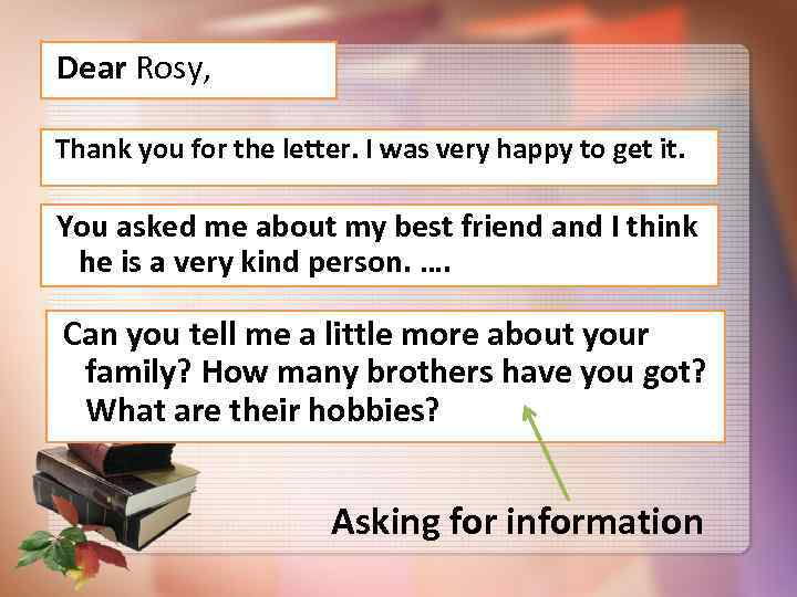  Dear Rosy, Thank you for the letter. I was very happy to get