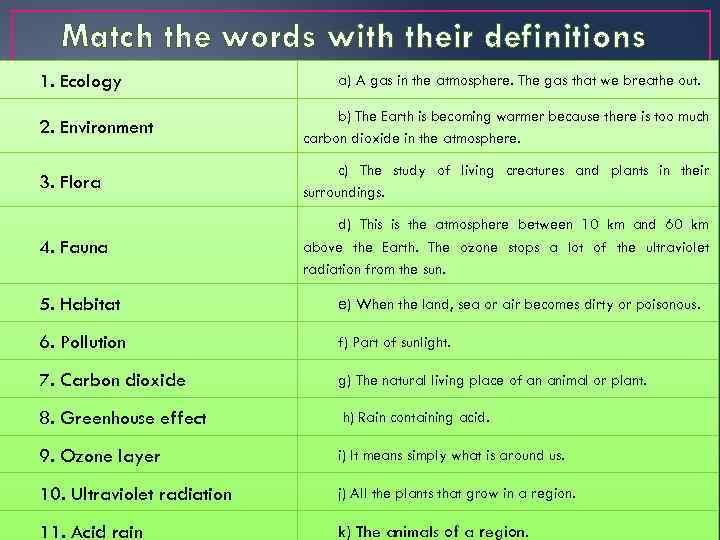 Match the words with their definitions 1. Ecology a) A gas in the atmosphere.