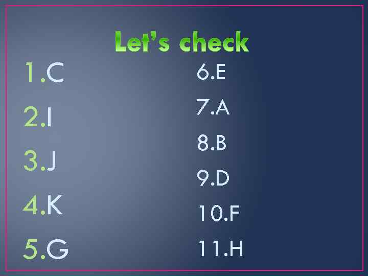 1. C 2. I 3. J 4. K 5. G 6. E 7. A