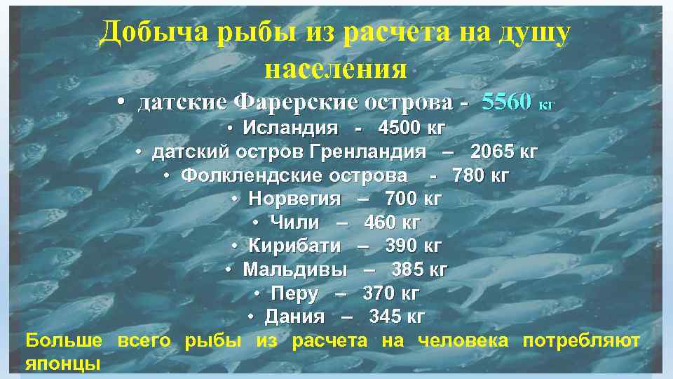 Добыча рыбы из расчета на душу населения • датские Фарерские острова - 5560 кг