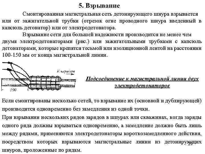 5. Взрывание Смонтированная магистральная сеть детонирующего шнура взрывается или от зажигательной трубки (отрезок огне